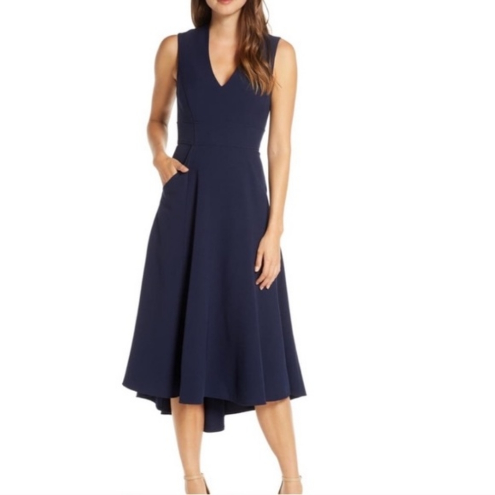 Eliza J Fit Flare Navy Sleeveless Pleated Dress